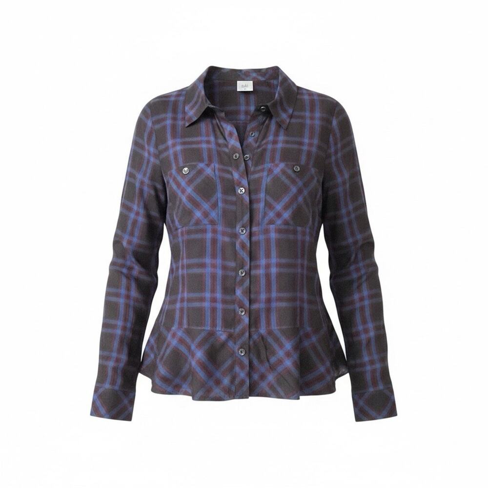 Cabi Plaid Peplum Blouse Medium Blue Burgundy Long Sleeve Button Front Top